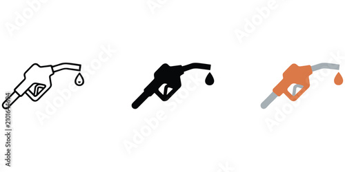 Foto Fuel pump nozzle icons with dripping drop of gasoline in different styles