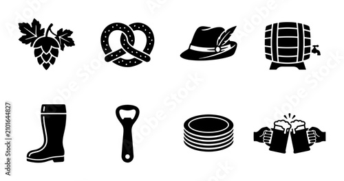 Oktoberfest Icons Set: Beer Barrel, Pretzel, Boot, Hat, Hops, Bottle Opener, Stacked Plates, Clinking Mugs Vector Graphics