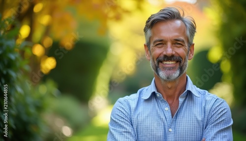 Man smiles outdoor in a garden or park. He has gray hair and beard. Man wears a blue checkered shirt. Blurred green and yellow foliage behind him suggest autumn season.
