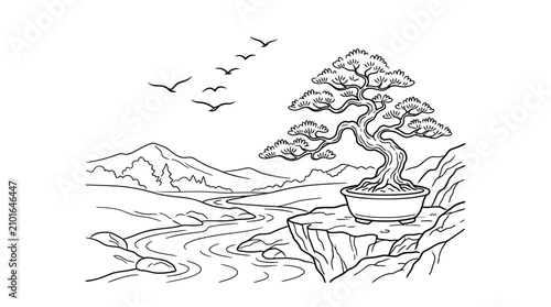 Canvas Print Minimalist bonsai tree by stream with mountain silhouette.