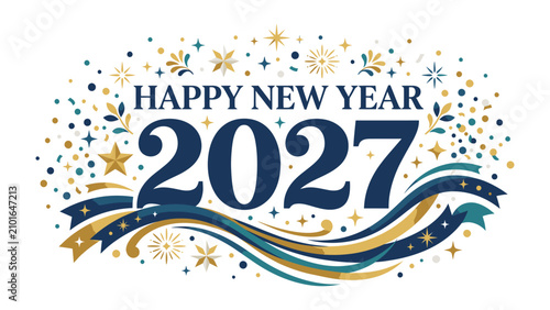 Foto Happy New Year 2027 Celebration: A festive and vibrant graphic design announces Happy New Year 2027, adorned with sparkling confetti, stars, fireworks, and elegant ribbons