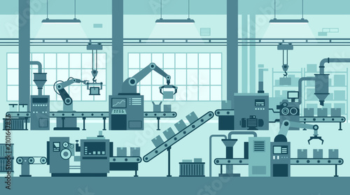 Automated Smart Factory with Robotic Arms, Conveyor Belts, Industrial Machines and Integrated Production Equipment in Modern Manufacturing Facility Flat Vector Illustration