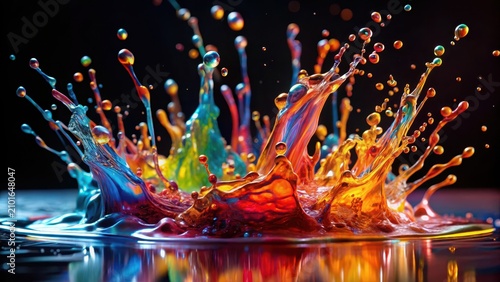 Extreme closeup of brightly colored liquid splashing on black background