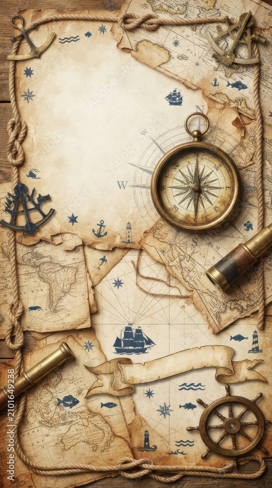 Naklejka premium Vintage nautical map with navigation tools and frame