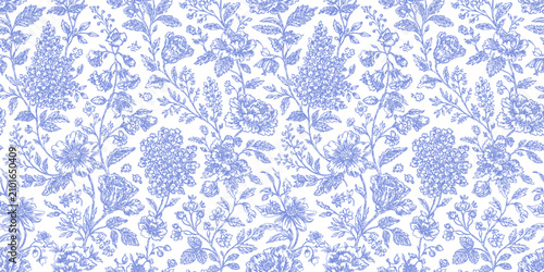 Toile de jouy vector seamless vintage pattern. Blue garden flowers on white background