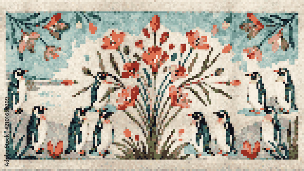 Fototapeta premium Wide Watercolor Cross Stitch Penguin Coastal Rookery