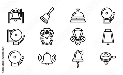 Obraz na plátně Bell Icons Set: Vintage Alarm, School, Service, Bicycle Bells, Vector Graphics