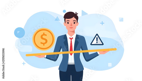 Business Character Holding Balance Scale, Risk versus Reward Concept