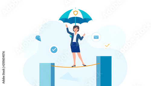Business Character Balancing on Tightrope with Shield Umbrella, Risk Management and Protection Concept