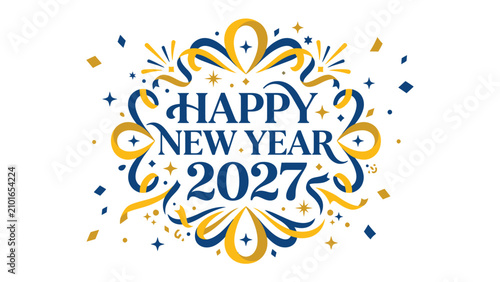 Quadro su tela Happy New Year 2027 Celebration Design: A vibrant and festive graphic design announces Happy New Year 2027, adorned with swirling ribbons, confetti, and sparkling stars