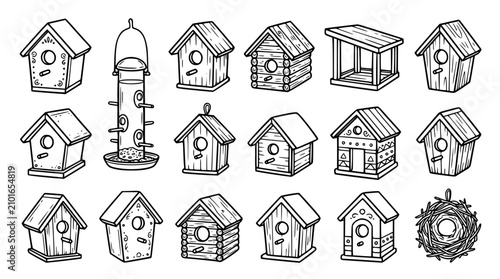 Bild auf Leinwand Hand drawn birdhouse vector set containing various wooden nesting boxes tube fee