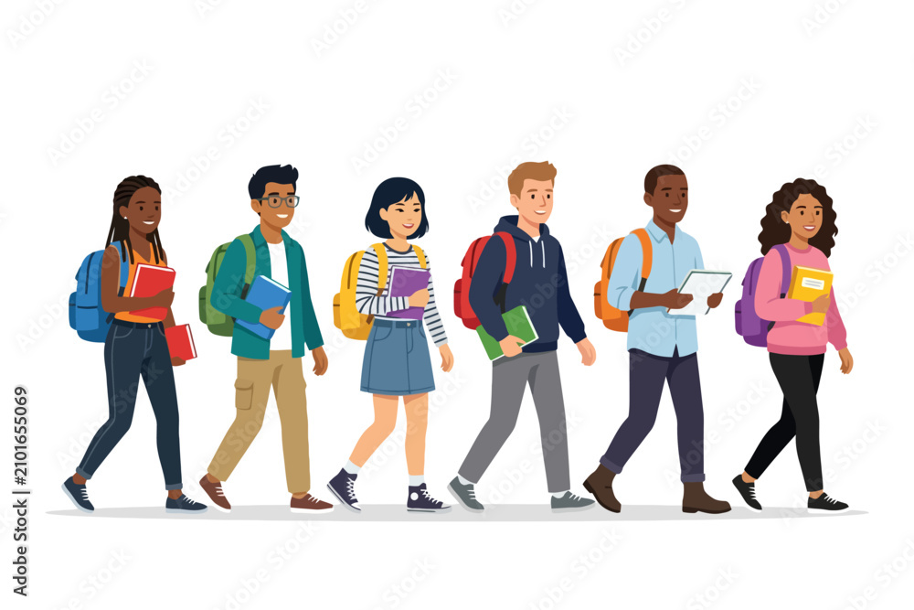 Obraz premium Diverse students walking with backpacks and books illustration