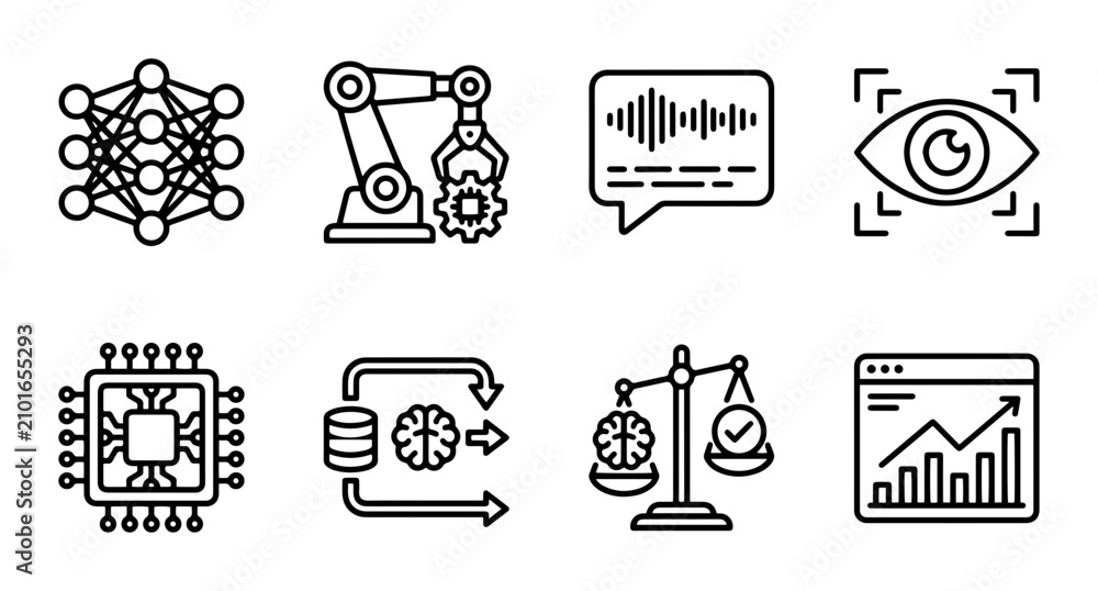 Fototapeta premium AI and Machine Learning Icons: Neural Network, Robot Arm, Audio Wave, Eye Scan, CPU Chip, Data Flow, Ethics Scale, Analytics Chart