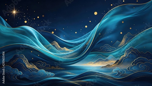 Blue and blue ribbon, gilded landscape, stars, moon, night sky, new Chinese style national style background
