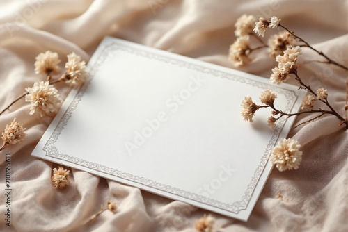 Elegant Blank Invitation Card Mockup with Dried Flowers on Beige Fabric