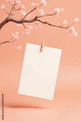 Blank Paper Note Hanging on Branch with Pink Flowers Spring Mockup