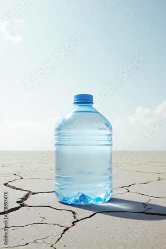 Large Bottle of Fresh Water on Dry Cracked Earth Arid Climate Drought Concept
