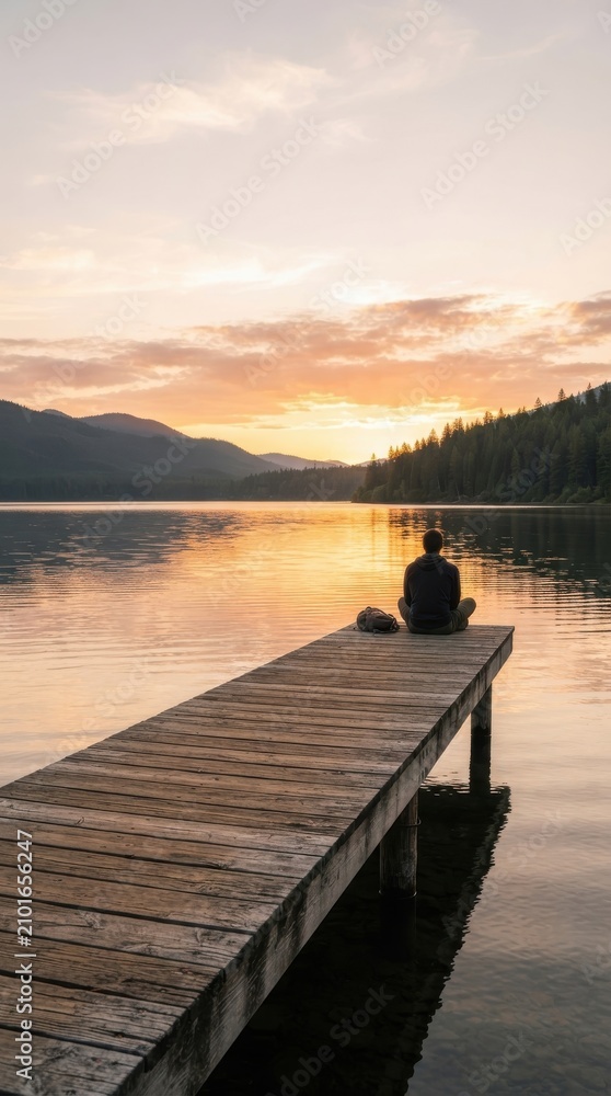 Fototapeta premium Person sitting on a wooden dock at a mountain lake during sunset