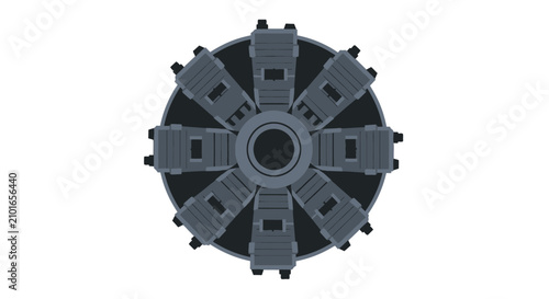 Top View of Industrial Radial Turbine Component or Mechanical Gear, Futuristic Sci-fi Portal Hatch Isolated on White