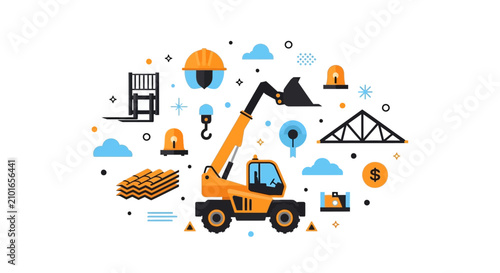 Industrial Construction Equipment and Building Icons Flat Vector Illustration