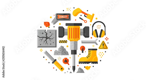 Construction and Demolition Vector Illustration Set Featuring Jackhammer, Safety Gear, and Industrial Tools in Flat Design Style