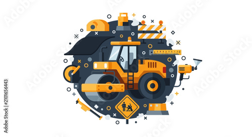 Flat Style Road Roller Construction Equipment Illustration with Tools and Road Signs