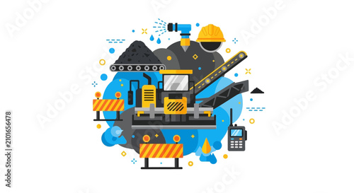 Flat Vector Illustration of Road Construction Machinery, Asphalt Paver, and Industrial Equipment for Paving Projects