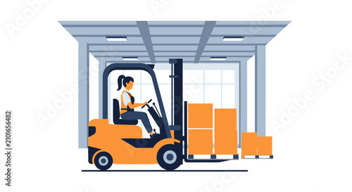 Female Forklift Operator Working in Modern Warehouse - Logistics and Distribution Illustration