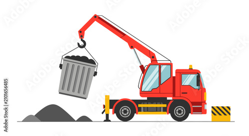 Red Mobile Crane Truck Lifting Industrial Waste Bin Flat Vector Illustration