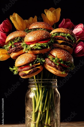 Bouquet of hamburgers arranged as flowers in a vase, surreal food art concept. Ai Generative