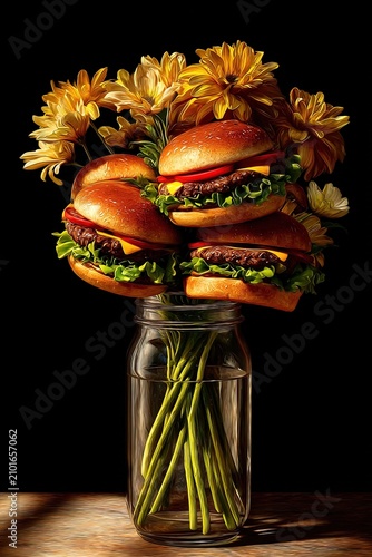Bouquet of hamburgers arranged as flowers in a vase, surreal food art concept. Ai Generative