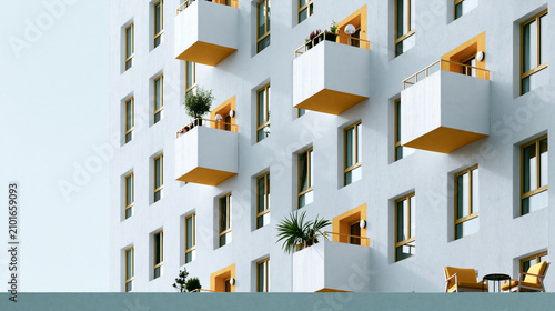 A bright facade of a co-living building with repeating square windows and shared terraces, clean daytime exterior, geometric composition, architecture, residential, communal living