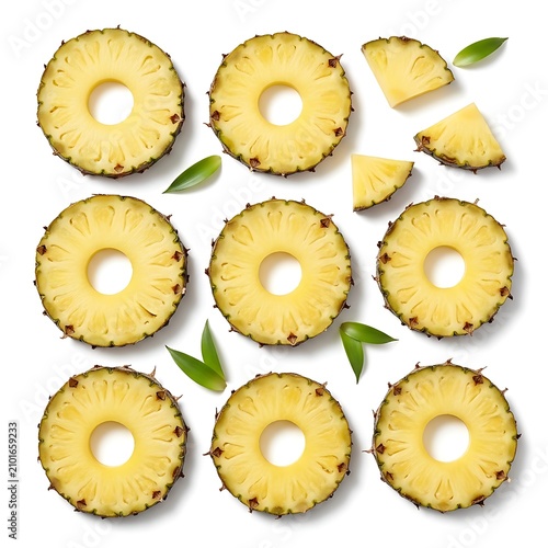 Fresh Pineapple Rings and Wedges Arranged on White Background