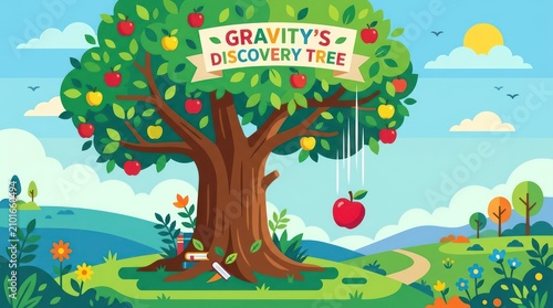Vibrant illustration of apple tree with falling fruit, celebrating gravity discovery with text.