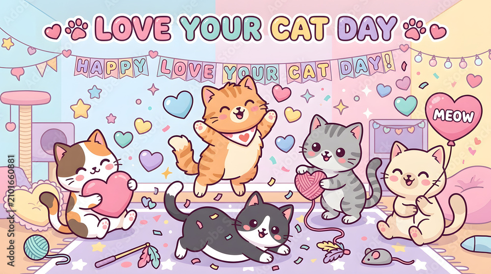 Fototapeta premium Cute cartoon cats celebrating Love Your Cat Day. Kawaii kittens with hearts and party decor.