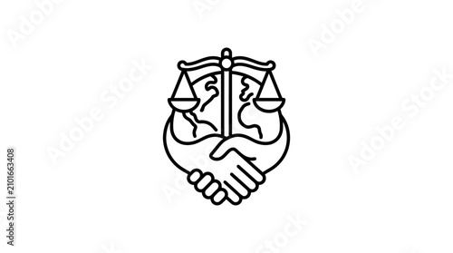 Global Justice Concept: Hands Shaking Around Earth with Scales of Justice Symbol