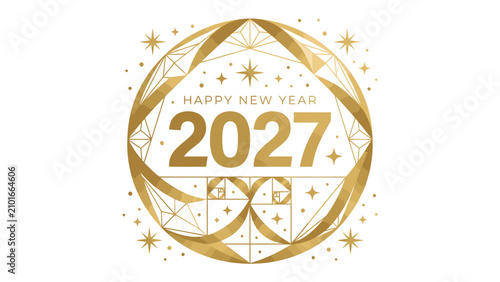 Cuadro en lienzo Elegant New Year 2027: A stylized golden geometric design with shimmering stars and the text Happy New Year 2027 proclaims the dawn of a new year with sophisticated flair