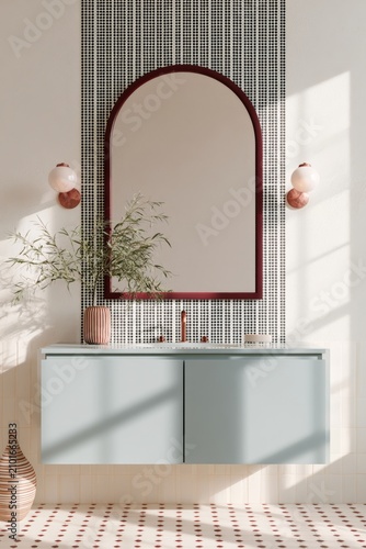 Bathroom vanity with dusty blue flat front floating design, featuring an arched mirror and decorative wall elements in a modern interior setting