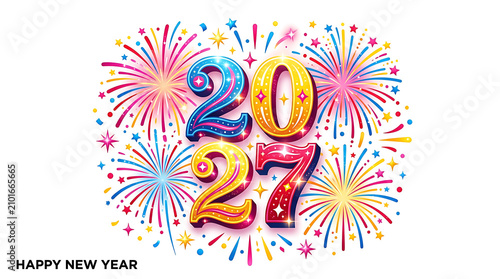 2027 New Year celebration with colorful fireworks and festive text