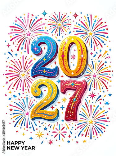 2027 New Year festive fireworks and colorful numbers illustration
