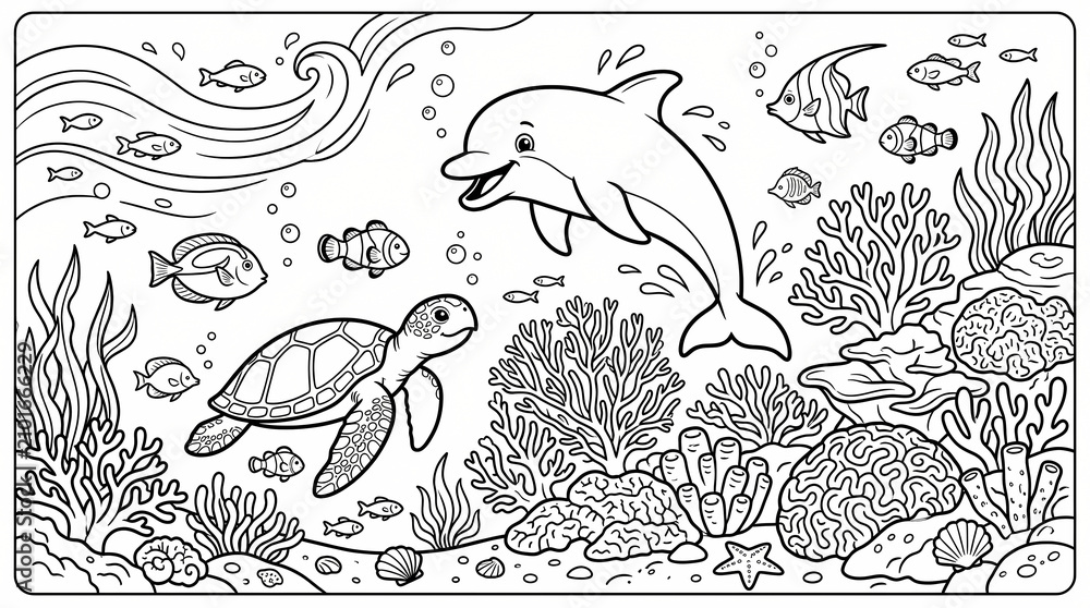 Obraz premium Underwater scene with dolphin, turtle, and coral reef illustration