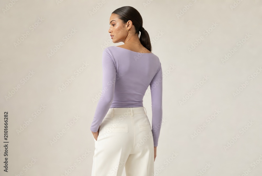 Obraz premium Confident professional woman in stylish cropped lavender top and light-wash wide-leg pants posing with hands on hips, neutral studio background, modern fashion portrait, minimalist aesthetic