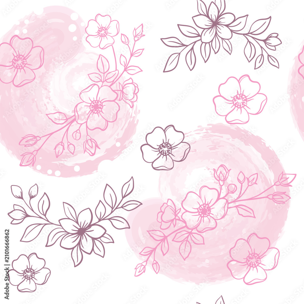 Fototapeta premium Pink floral seamless pattern elegant line art flowers on watercolor brush stroke circles vector illustration repeat background