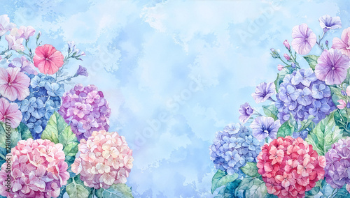 Watercolor Hydrangea and Petunia Flower Border on Blue Background with Copy Space, Spring Floral Banner
