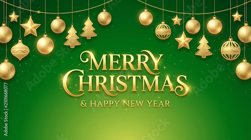 Merry Christmas Happy New Year Gold Ornaments on Green Background
