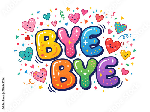 Фотография Colorful hearts and confetti surround Bye Bye text message graphic