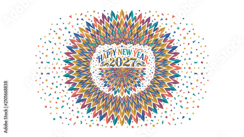 Принти на полотні Happy New Year 2027 Celebration: Vibrant, festive design with Happy New Year 2027 text at the center, surrounded by a colorful kaleidoscopic pattern and scattered confetti