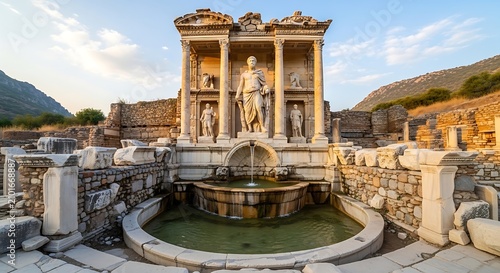 Ancient Marble Fountain Facade Standing Among Stone Ruins in Mountain Archaeological Site