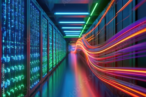 Futuristic data center with glowing lines of light representing data flow
