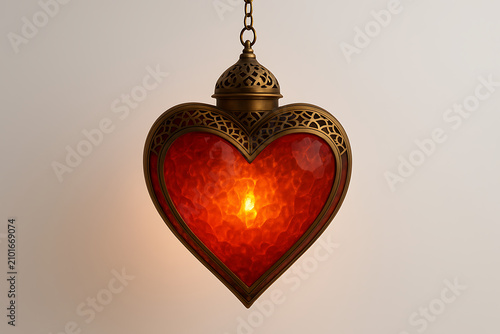 Vintage Ornate Heart Shaped Lantern with Red Glowing Glass